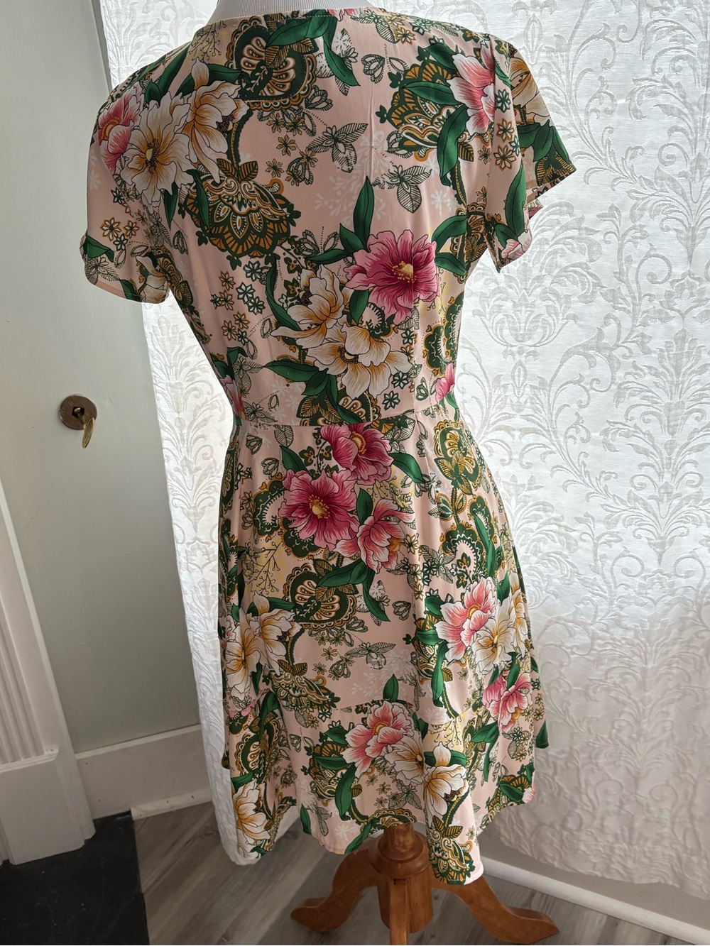 LOFT Pink Floral Midi Dress with Green Leaves - Picture 5 of 6